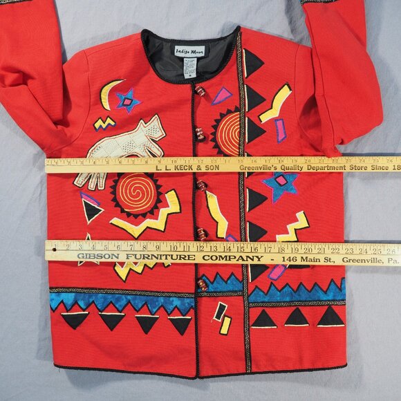 Indigo Moon Blazer Womens Medium Red Jacket Art To Wear Aztec Animal Southwest - Picture 9 of 15